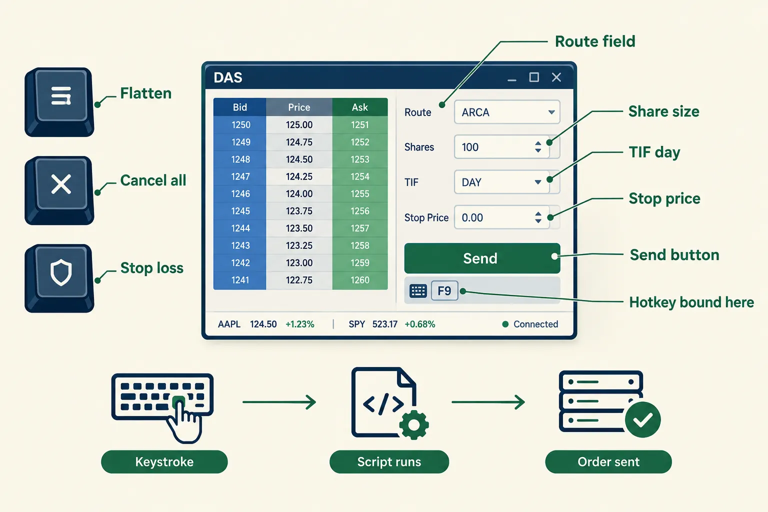 How a DAS Trader hotkey works: keystroke, script runs, order sent, with Montage fields labelled