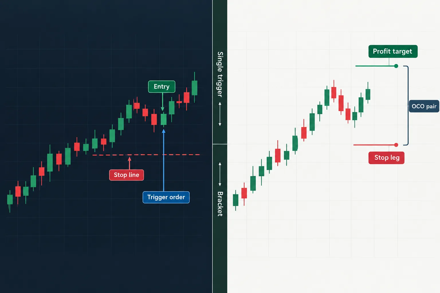 Entry with a stop line and trigger order next to an OCO pair with profit target and stop leg