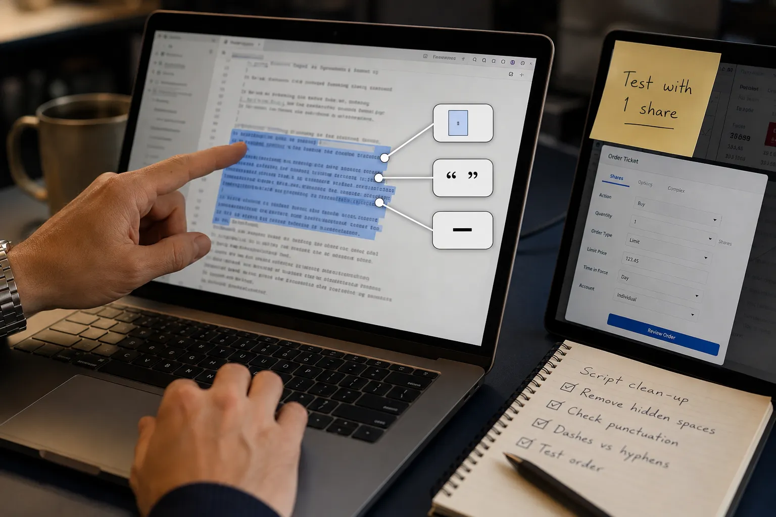 Cleaning a pasted hotkey script: hidden spaces, curly quotes and dashes, then test with 1 share