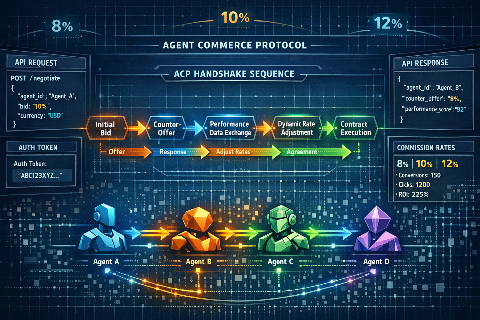 Detailed () illustration showing technical protocol architecture diagram for agent-to-agent commission negotiation. Central
