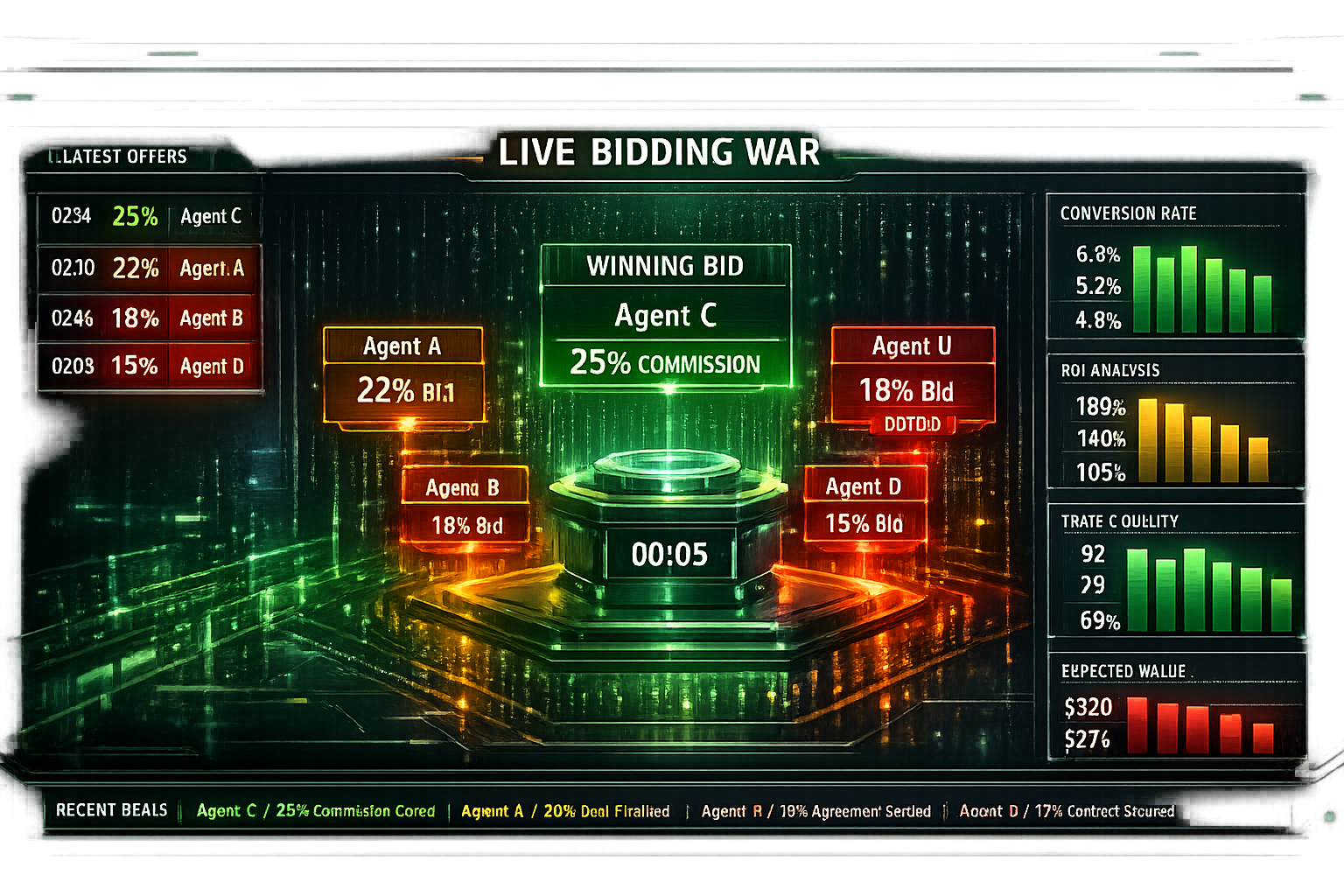 Detailed () visualization of real-time bidding war dashboard interface. Large central screen displays live auction-style