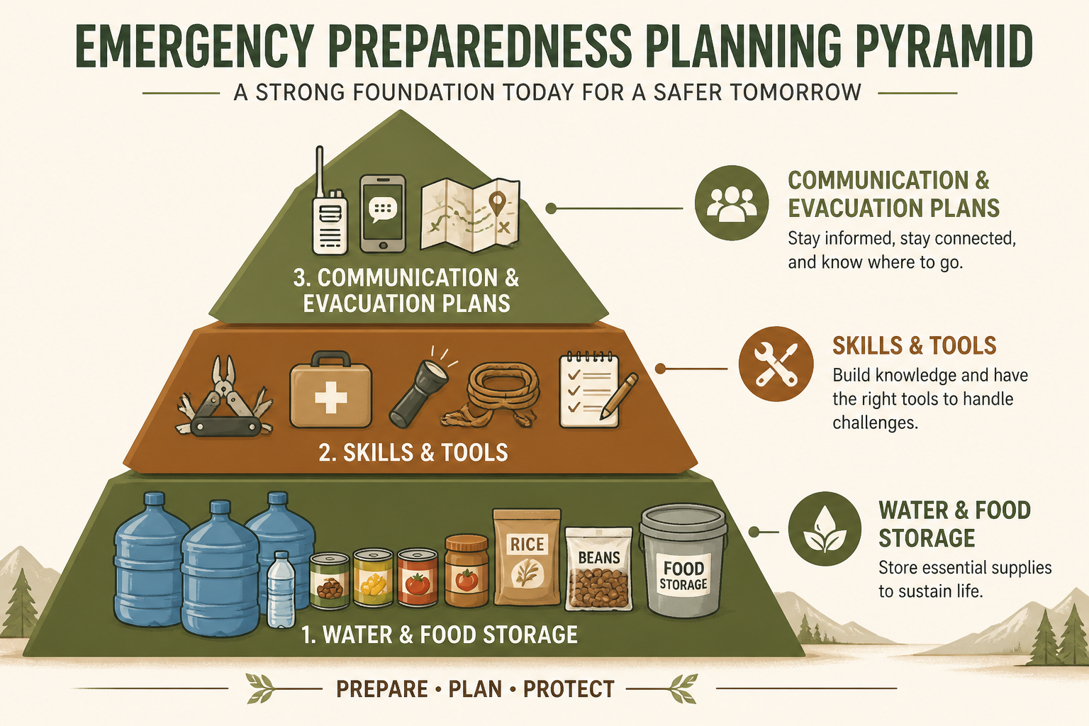 A tiered emergency preparedness planning pyramid: base layer shows water/food storage, middle layer shows skills and tools,