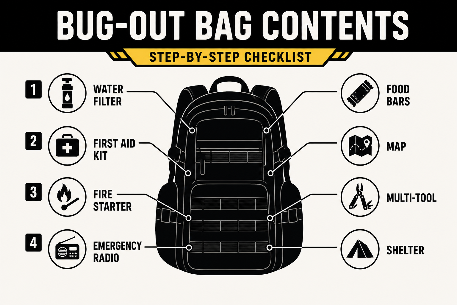 Step-by-step visual checklist infographic for bug-out bag contents: backpack silhouette with labeled callout lines pointing