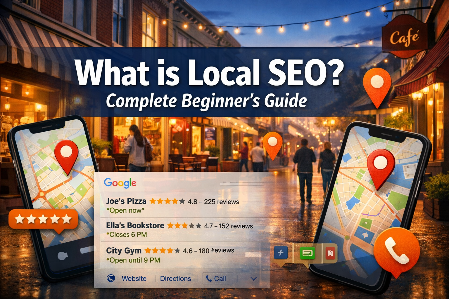 Professional landscape hero image (1536x1024) featuring bold text overlay 'What is Local SEO? Complete Beginner's Guide' in extra large 72pt