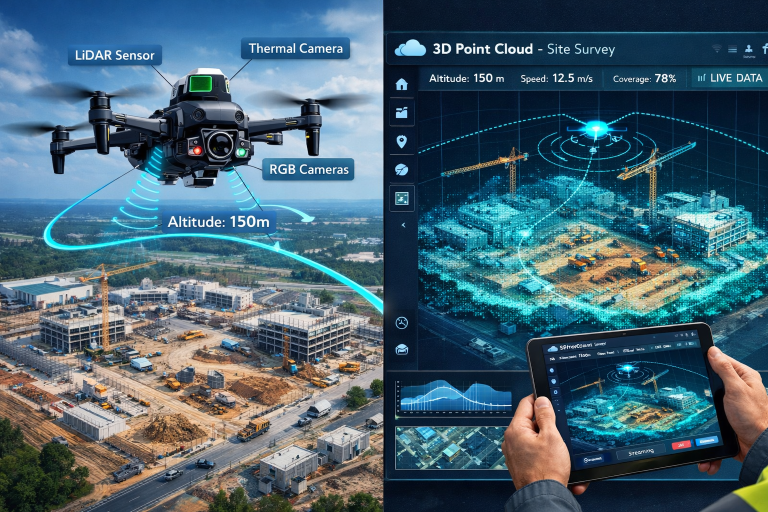 Landscape format (1536x1024) detailed illustration showing autonomous surveying drone equipped with multiple sensors (LiDAR, thermal, photog
