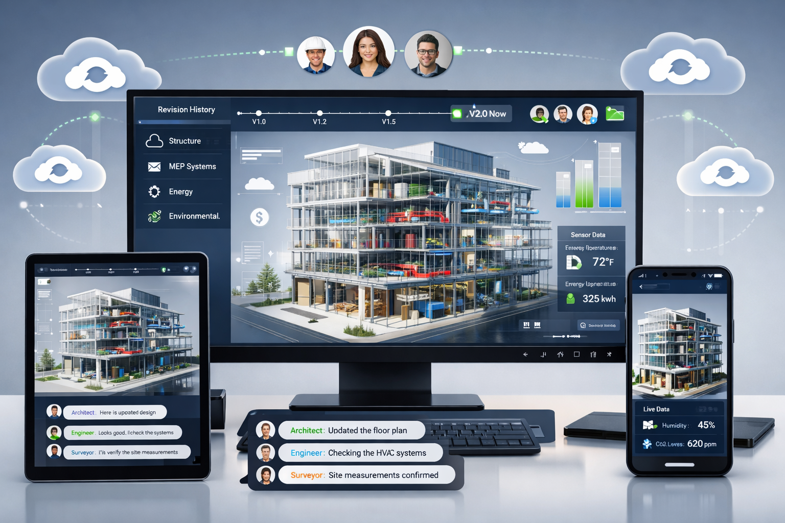 Landscape format (1536x1024) professional visualization of interactive 3D digital twin property model displayed on multiple devices (desktop