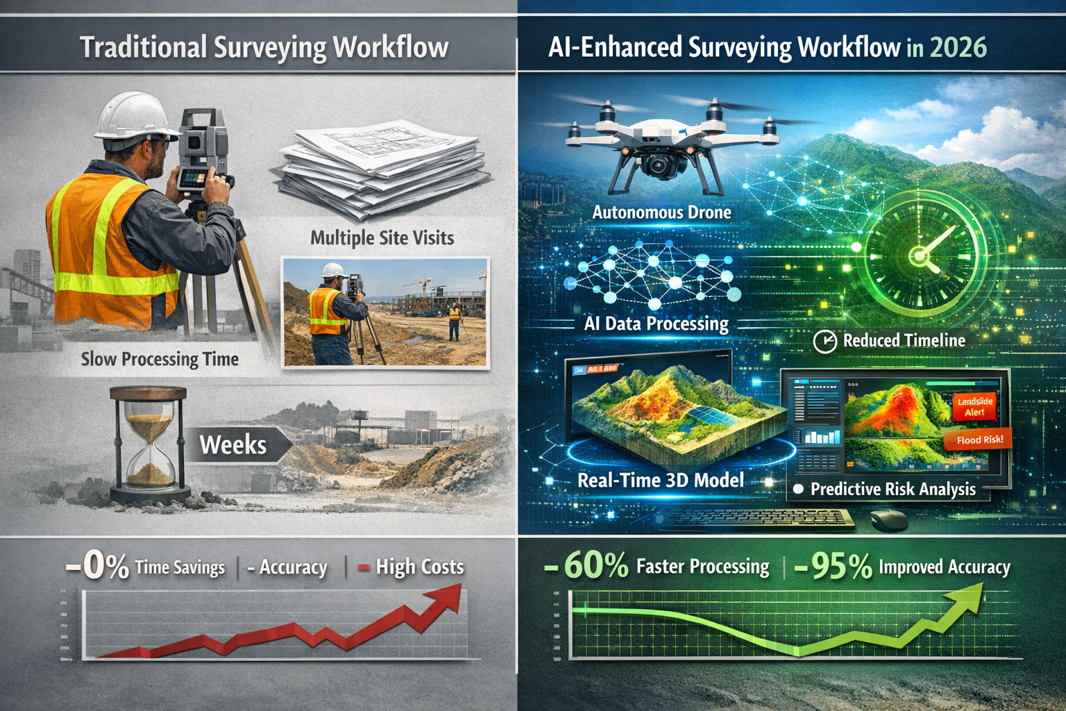 Landscape format (1536x1024) split comparison infographic showing 'Traditional Surveying Workflow' versus 'AI-Enhanced Surveying Workflow in
