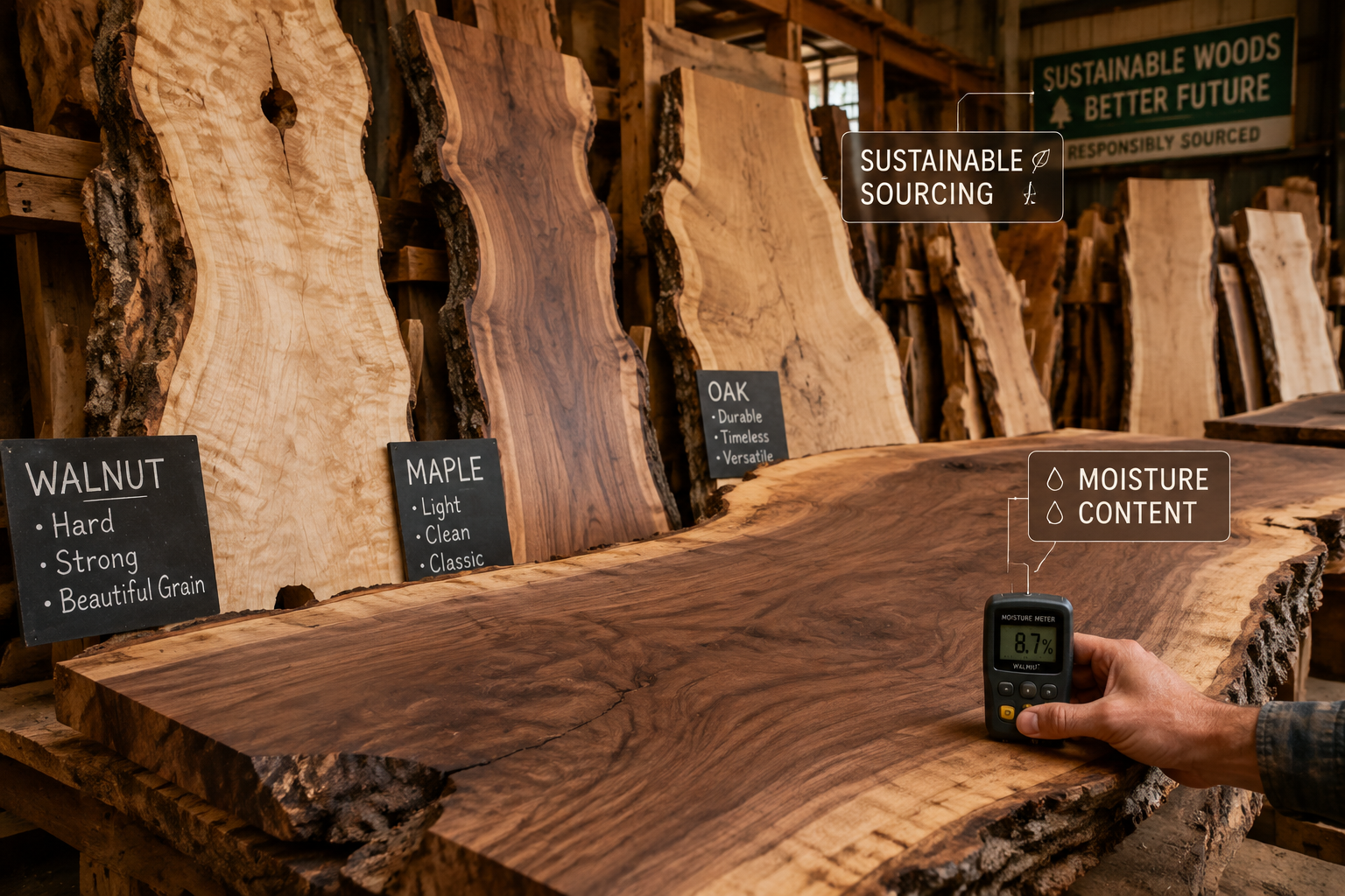 Detailed () image for the 'Sourcing and Selecting Your Live Edge Slab' section, featuring a diverse collection of raw,