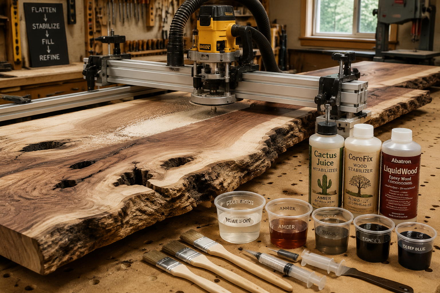 Detailed () image for the 'Preparing the Live Edge Slab: Flattening, Stabilizing, and Filling Voids' section, showing a