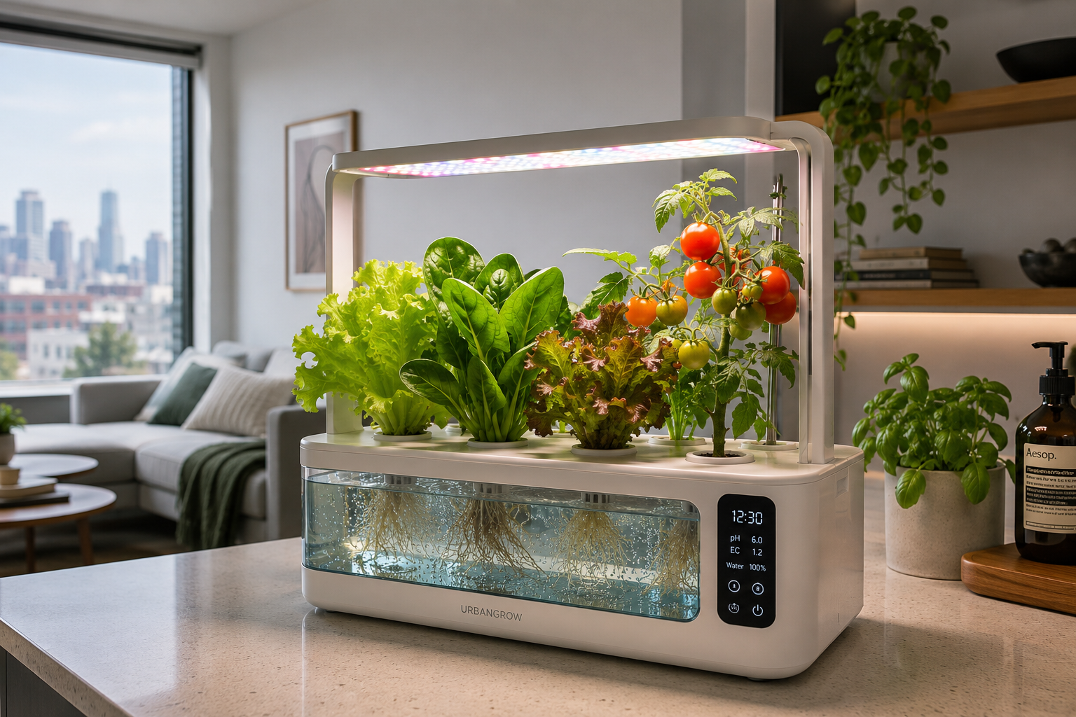 Detailed () image illustrating a typical apartment hydroponic system from a user's perspective. The image focuses on a