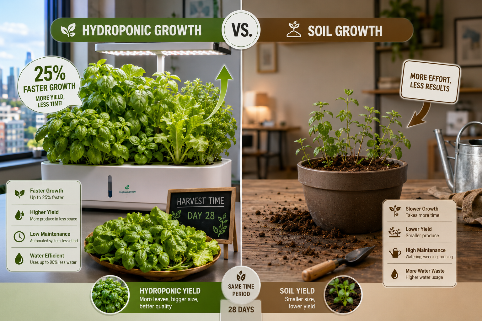 Detailed () image comparing the growth speed and yield of hydroponic versus traditional soil gardening for common apartment