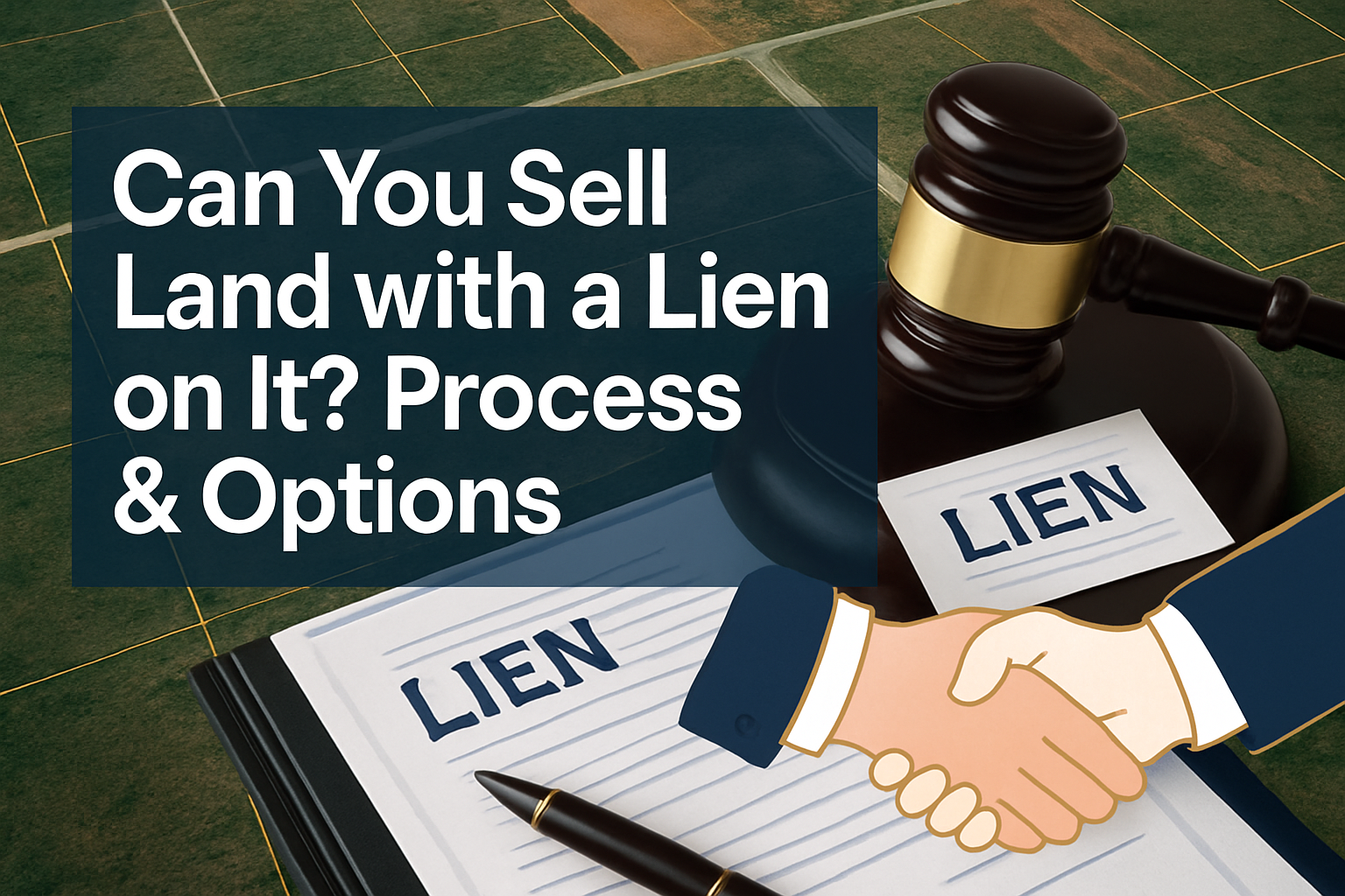 Professional landscape hero image (1536x1024) featuring bold text overlay 'Can You Sell Land with a Lien on It? Process & Options' in extra