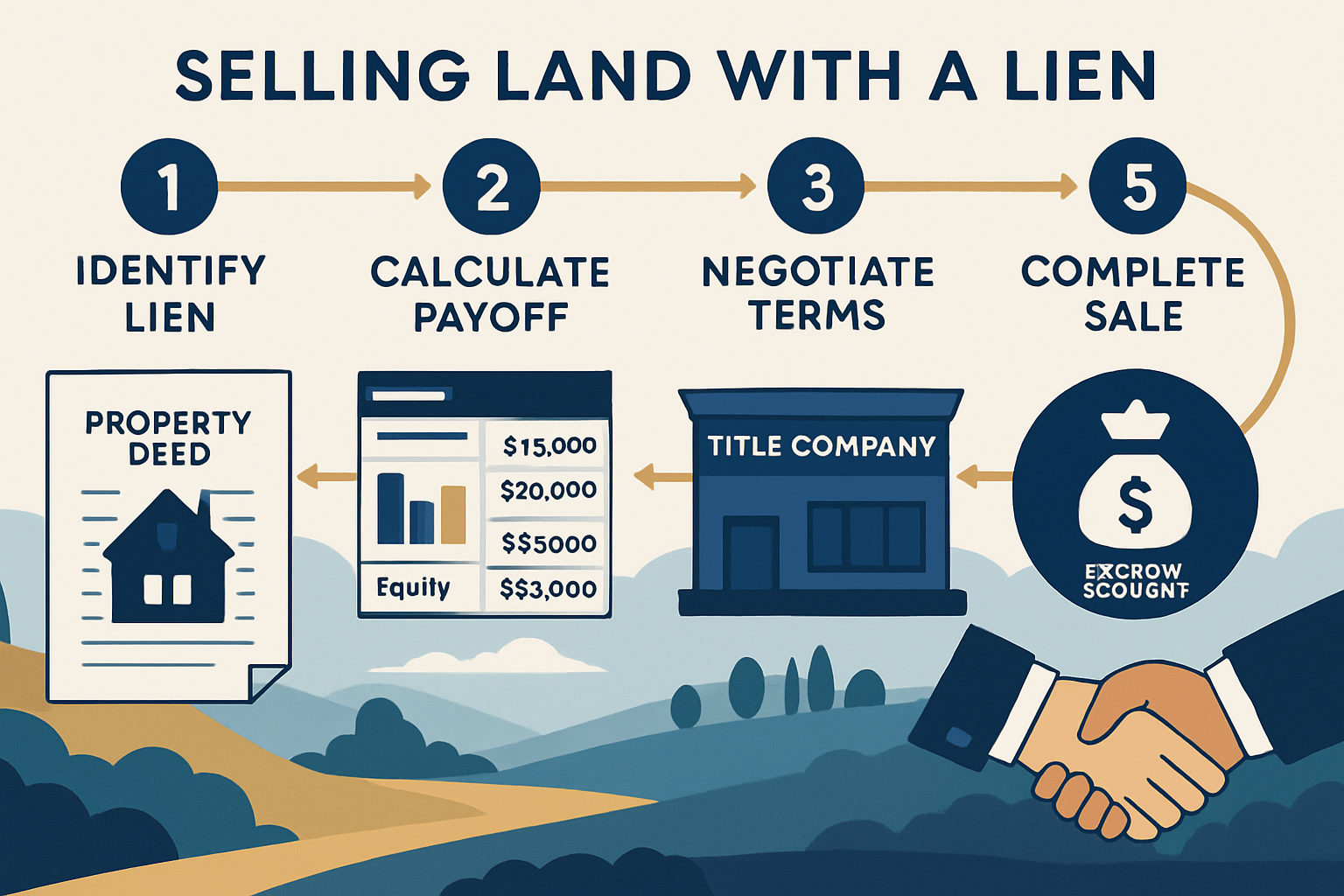 Detailed landscape infographic (1536x1024) showing the step-by-step process of selling land with a lien, featuring numbered circular icons (