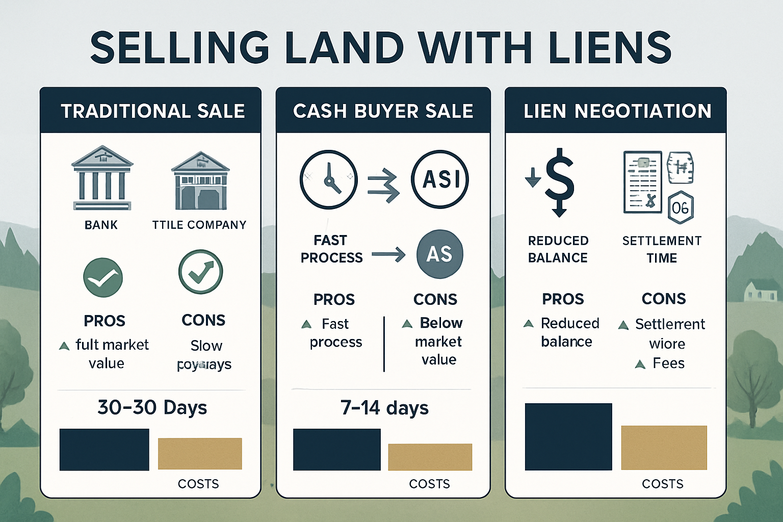 Detailed landscape comparison chart (1536x1024) illustrating different options for selling land with liens, displayed as side-by-side column