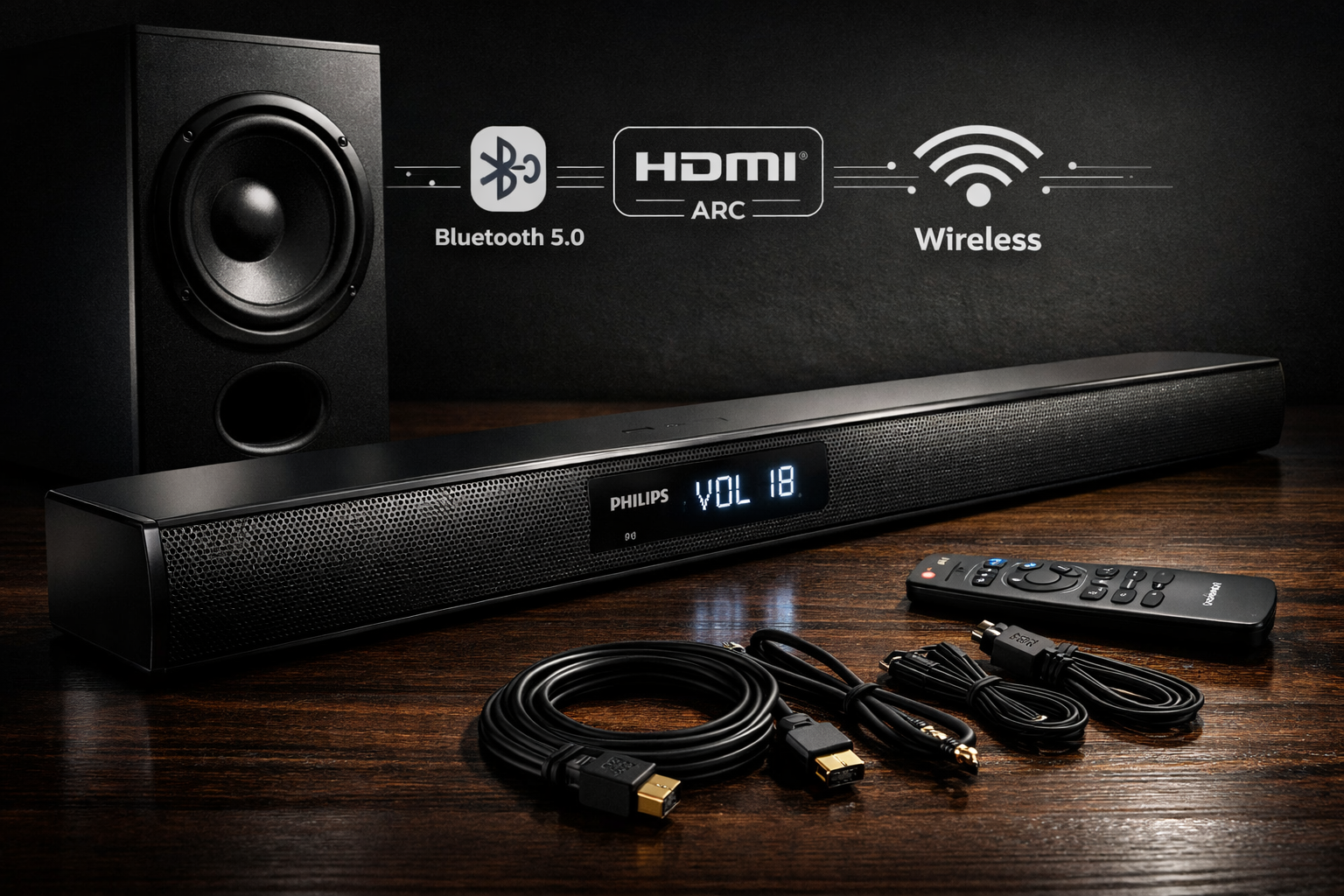 Detailed landscape format (1536x1024) image showing close-up product photography of Philips soundbar system components arranged on dark wooden surface with dramatic side lighting. Main soundbar unit in center with perforated metal grille, LED display showing volume level, wireless subwoofer positioned at angle showing bass driver and port, remote control, connection cables neatly arranged, technical specification overlay graphics showing Bluetooth 5.0 icon, HDMI ARC label, wireless connectivity symbol. Professional studio lighting with soft shadows, technical diagram aesthetic, premium product showcase style