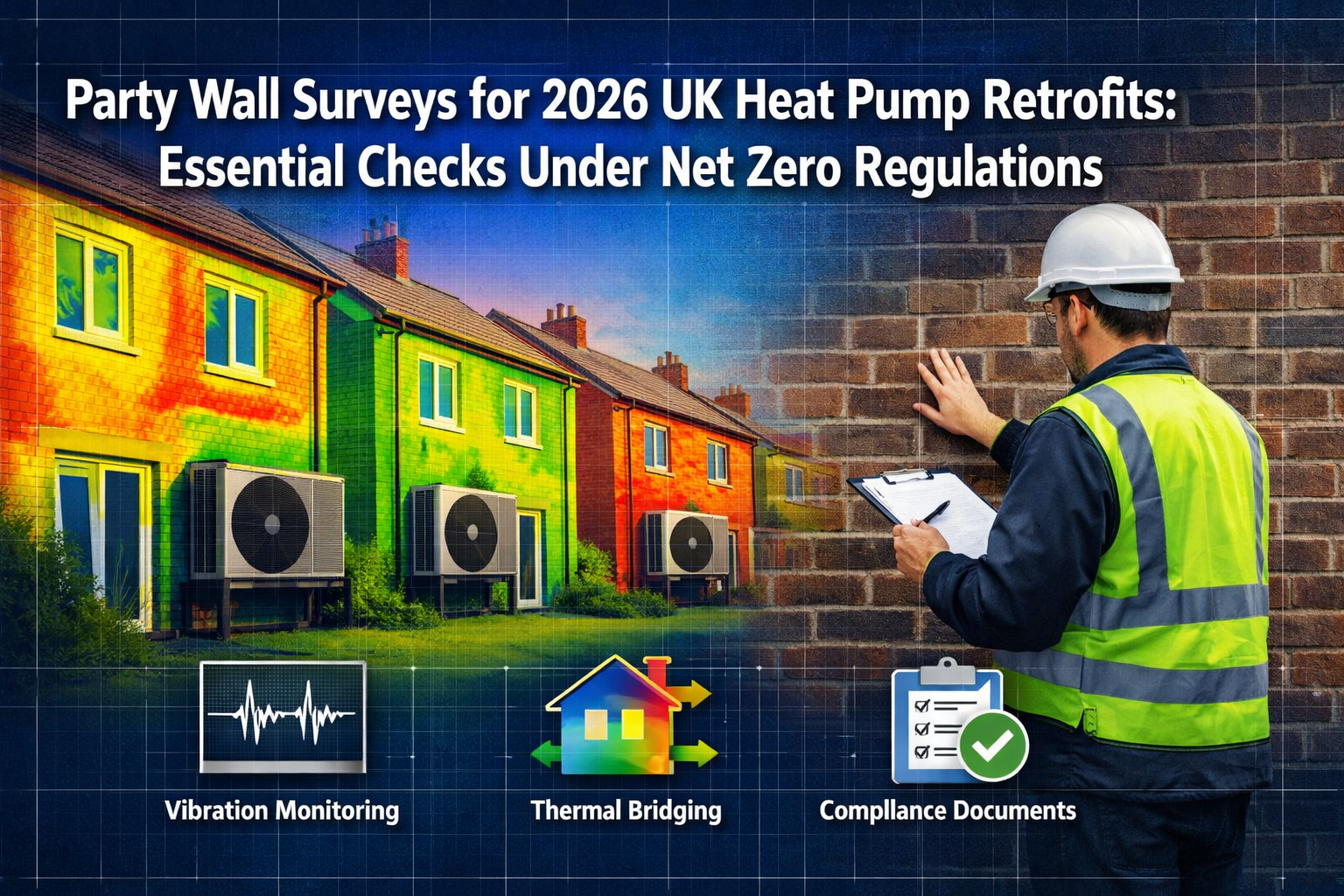 Professional landscape format (1536x1024) hero image with bold text overlay: 'Party Wall Surveys for 2026 UK Heat Pump Retrofits: Essential