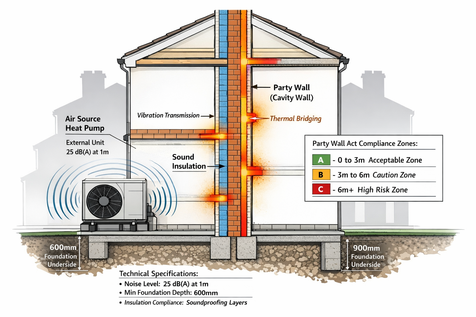 Detailed landscape format (1536x1024) technical illustration showing cross-section view of UK terraced house party wall with heat pump insta