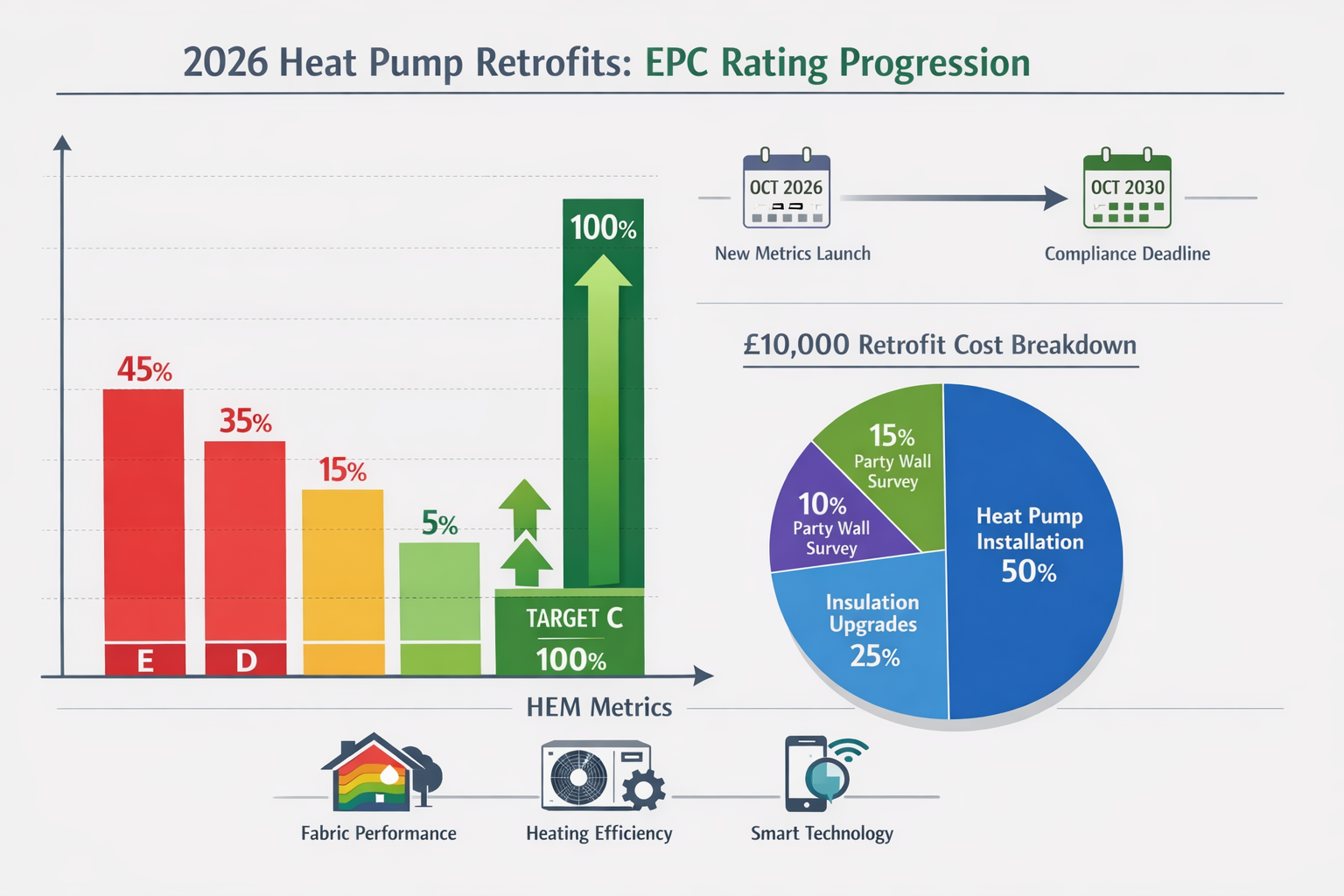Detailed landscape format (1536x1024) infographic showing EPC rating progression chart for 2026 heat pump retrofits. Visual elements include