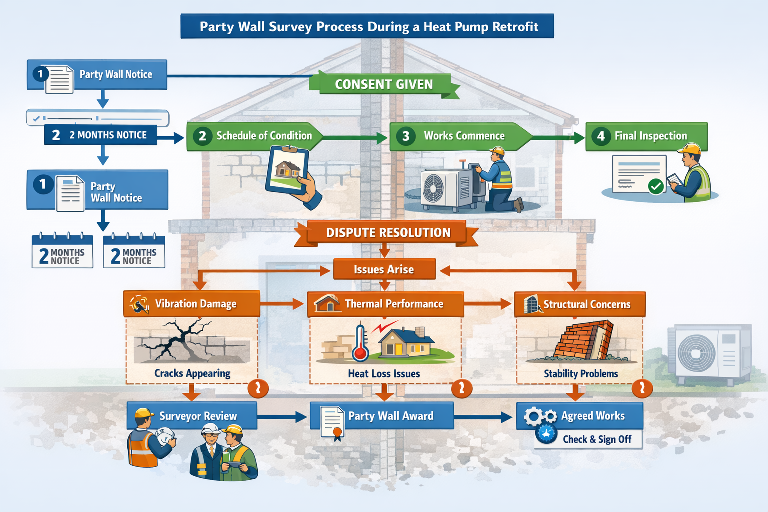 Detailed landscape format (1536x1024) procedural flowchart illustration for party wall survey process during heat pump retrofit. Visual elem