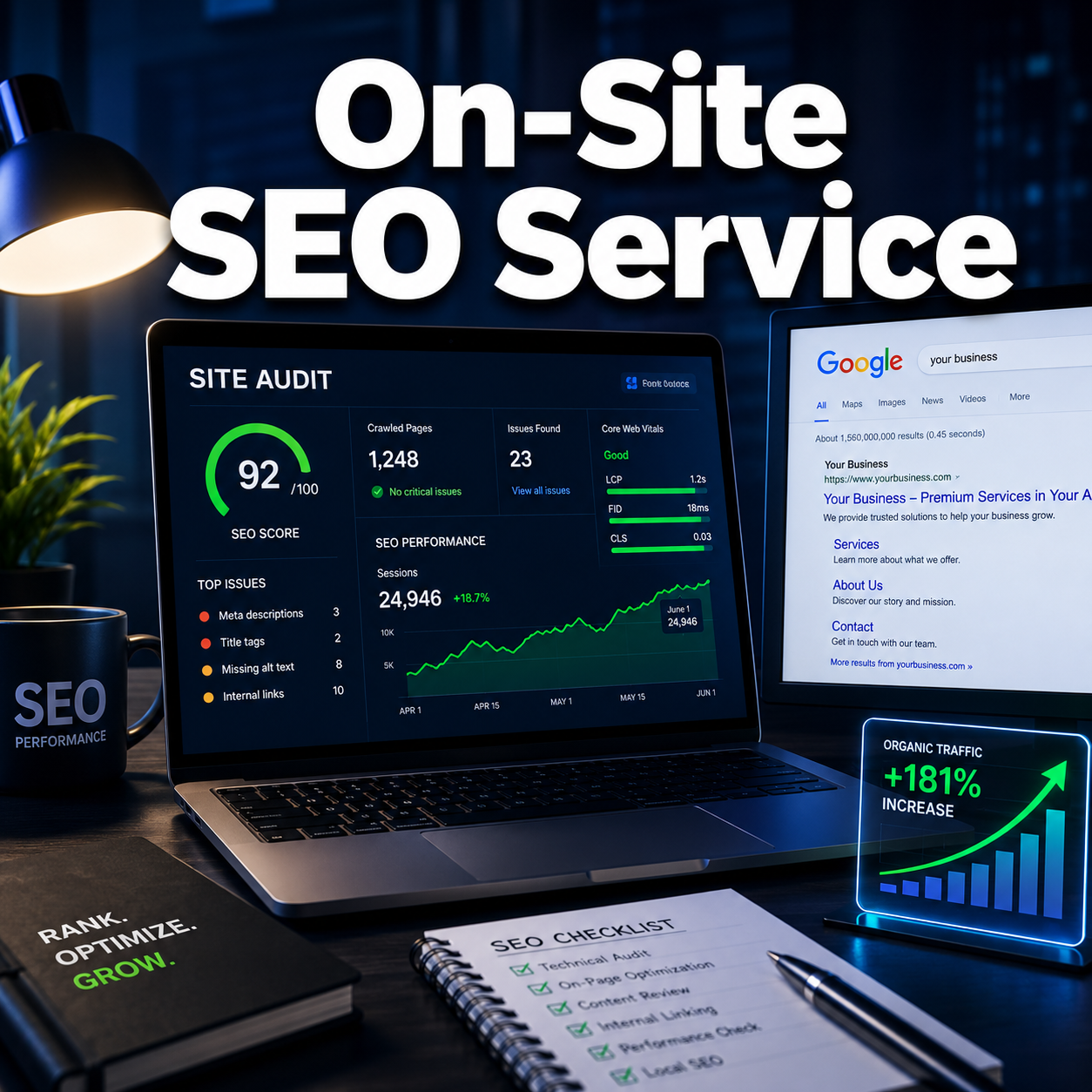 Professional () hero image with 'On-Site SEO Service' in extra large white with deep effect, centered upper-third