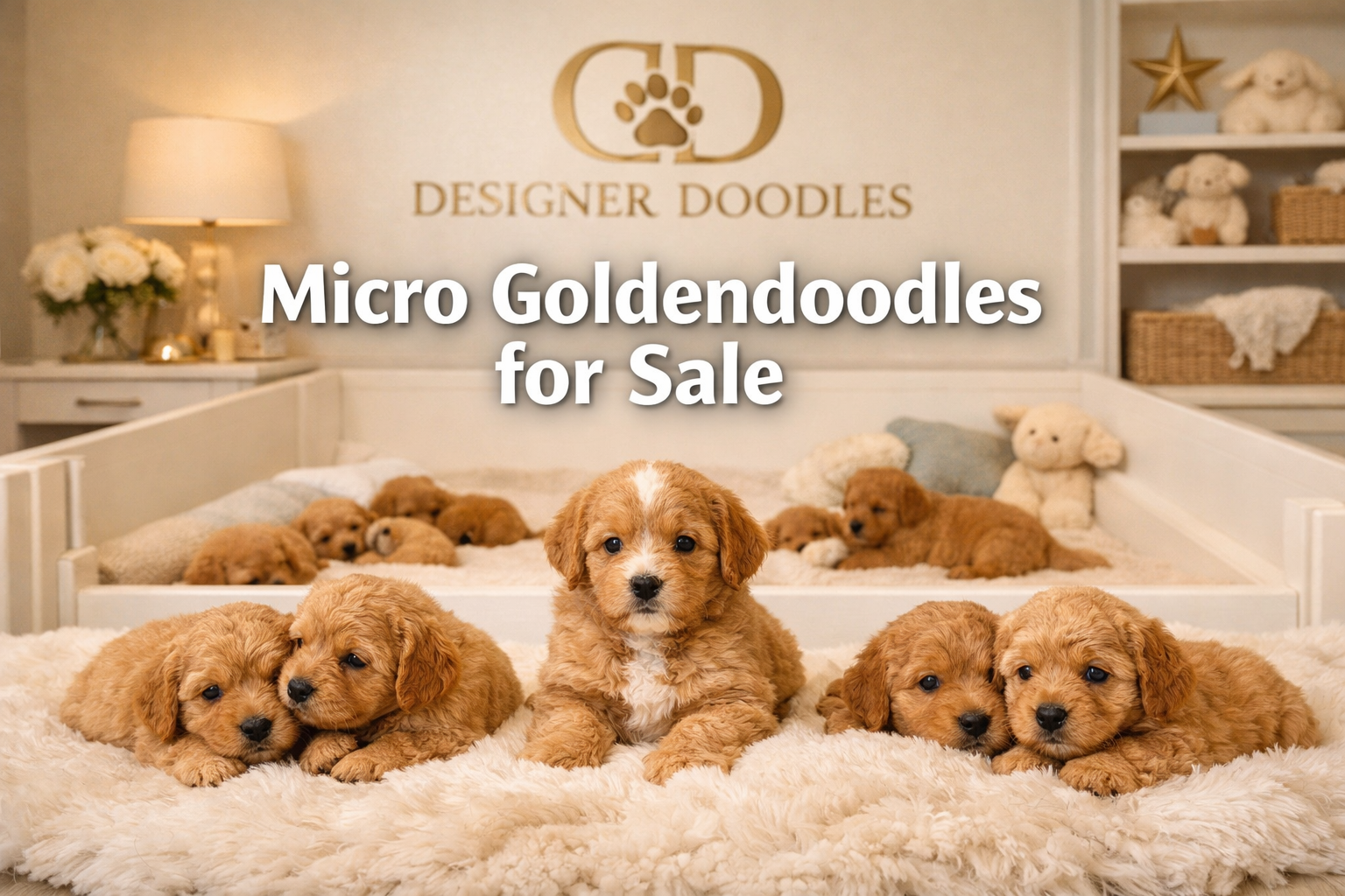 Professional landscape hero image (1536x1024) featuring adorable micro goldendoodle puppies in a pristine nursery setting with Designer Dood