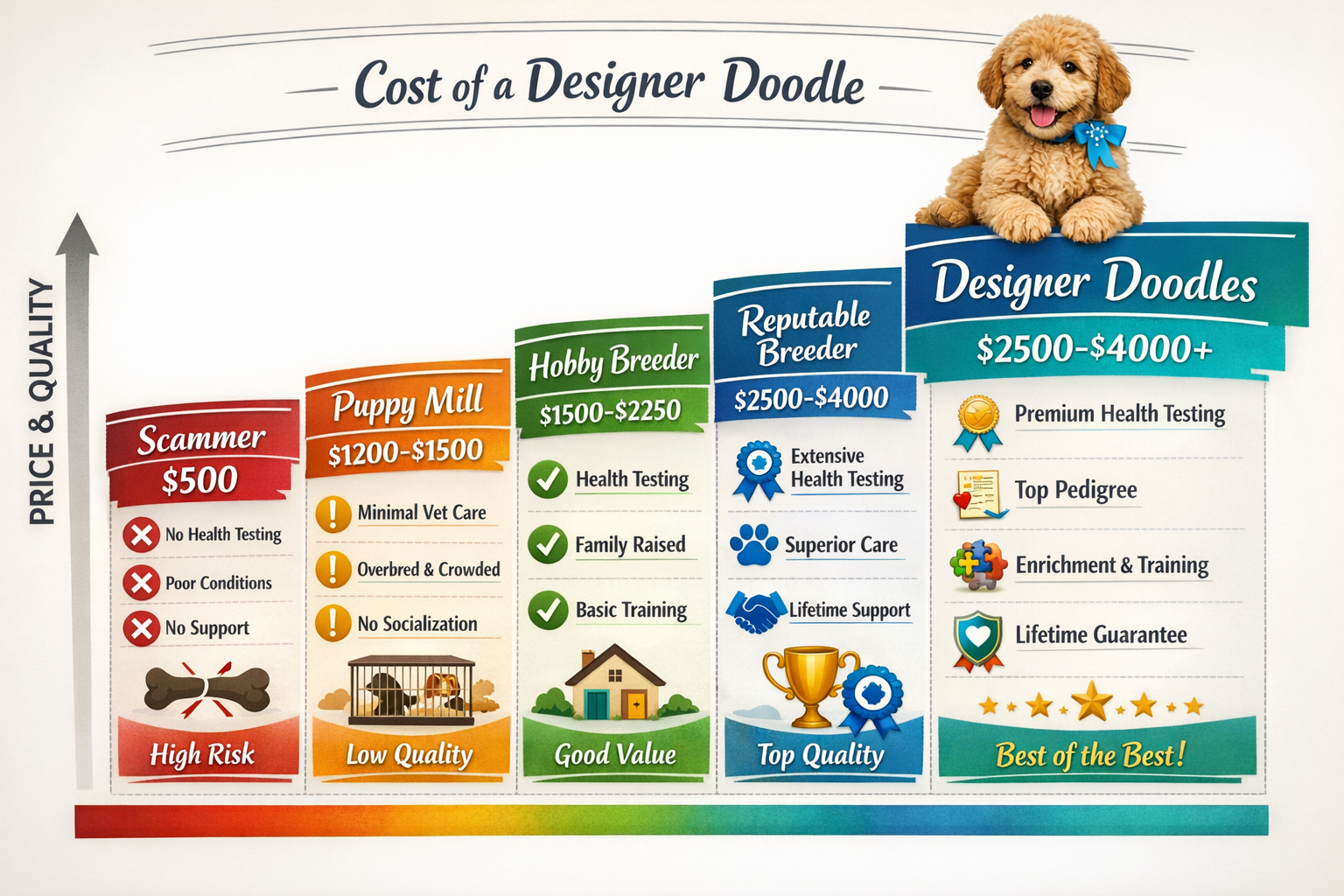 Interactive price comparison chart showing four breeder categories - scammer ($500), puppy mill (Section Image200-1500), hobby breeder (Section Image500-2250), an