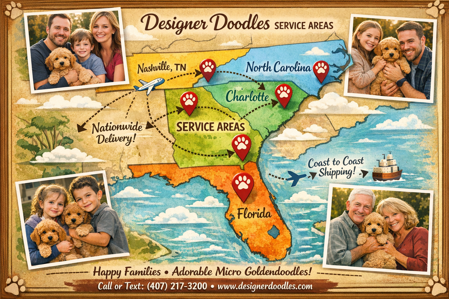 Map of southeastern United States highlighting Florida, Georgia, North Carolina, and Tennessee with Designer Doodles service areas marked, t