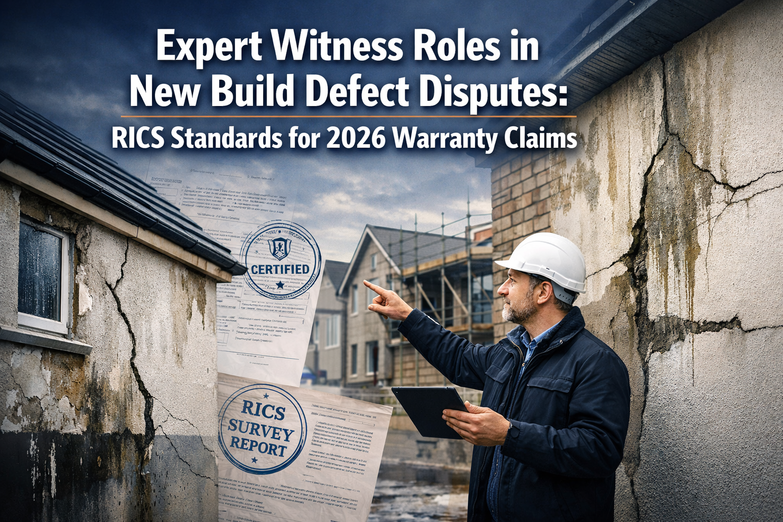 Professional () hero image with : 'Expert Witness Roles in New Build Defect Disputes: RICS Standards for 2026 Warranty