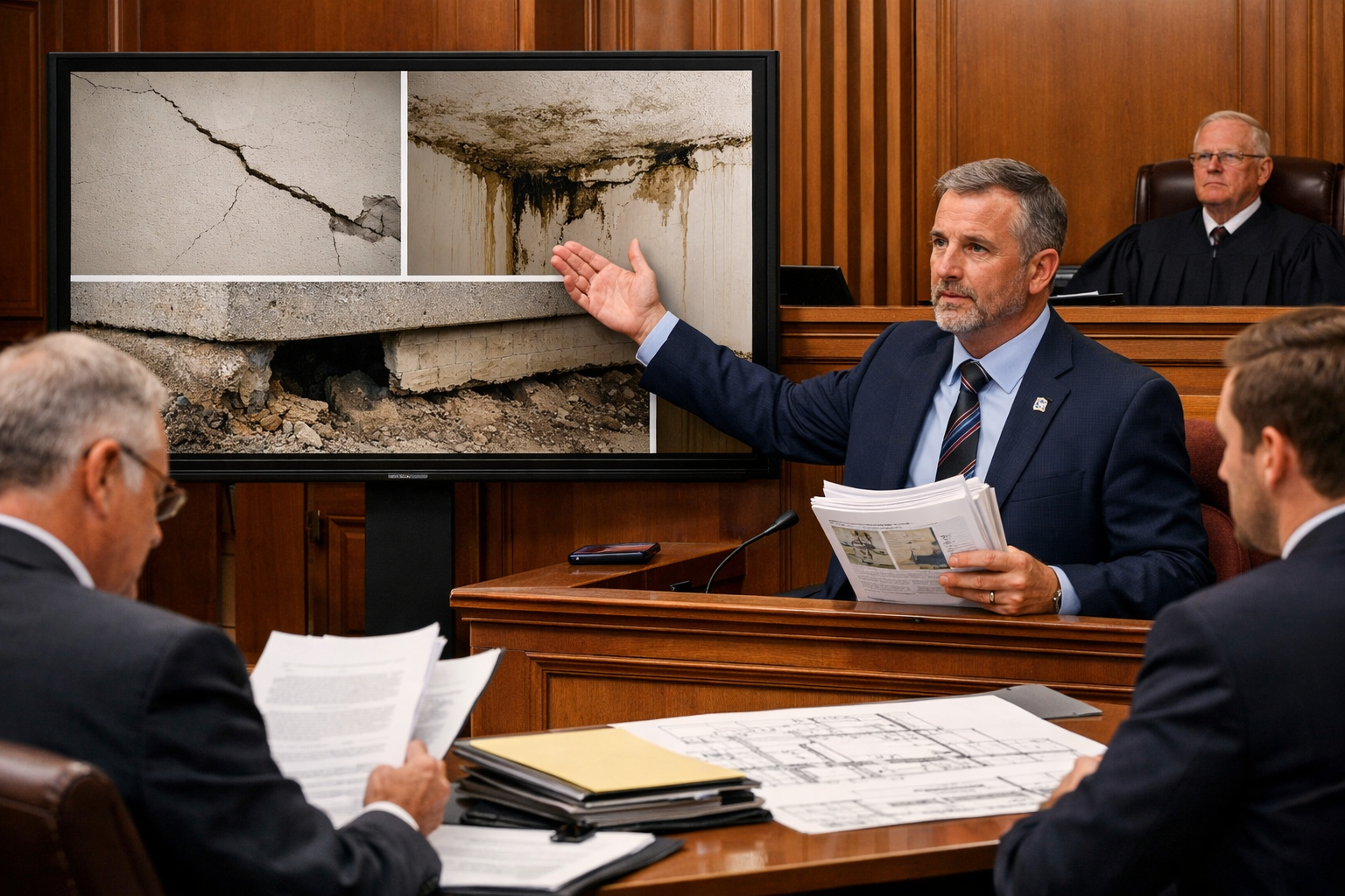 () editorial image showing a professional courtroom scene with an expert witness testifying at the witness stand. The