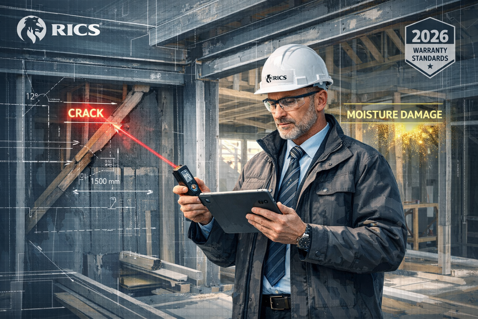 Professional architectural illustration depicting an expert witness analyzing building defects in a modern construction