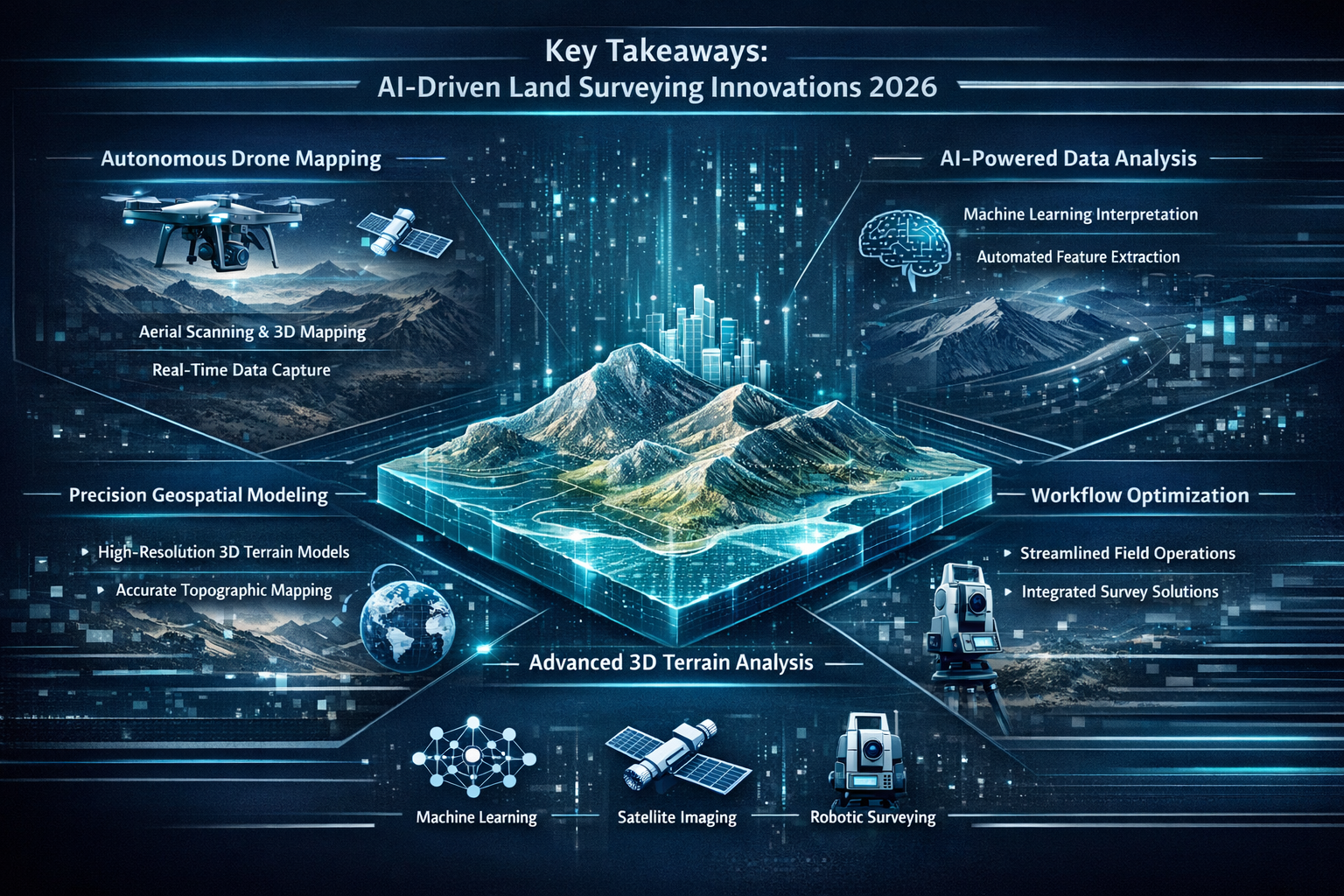 Key Takeaways infographic visualization showcasing AI-driven land surveying innovations for 2026, featuring a dynamic landscape split into q