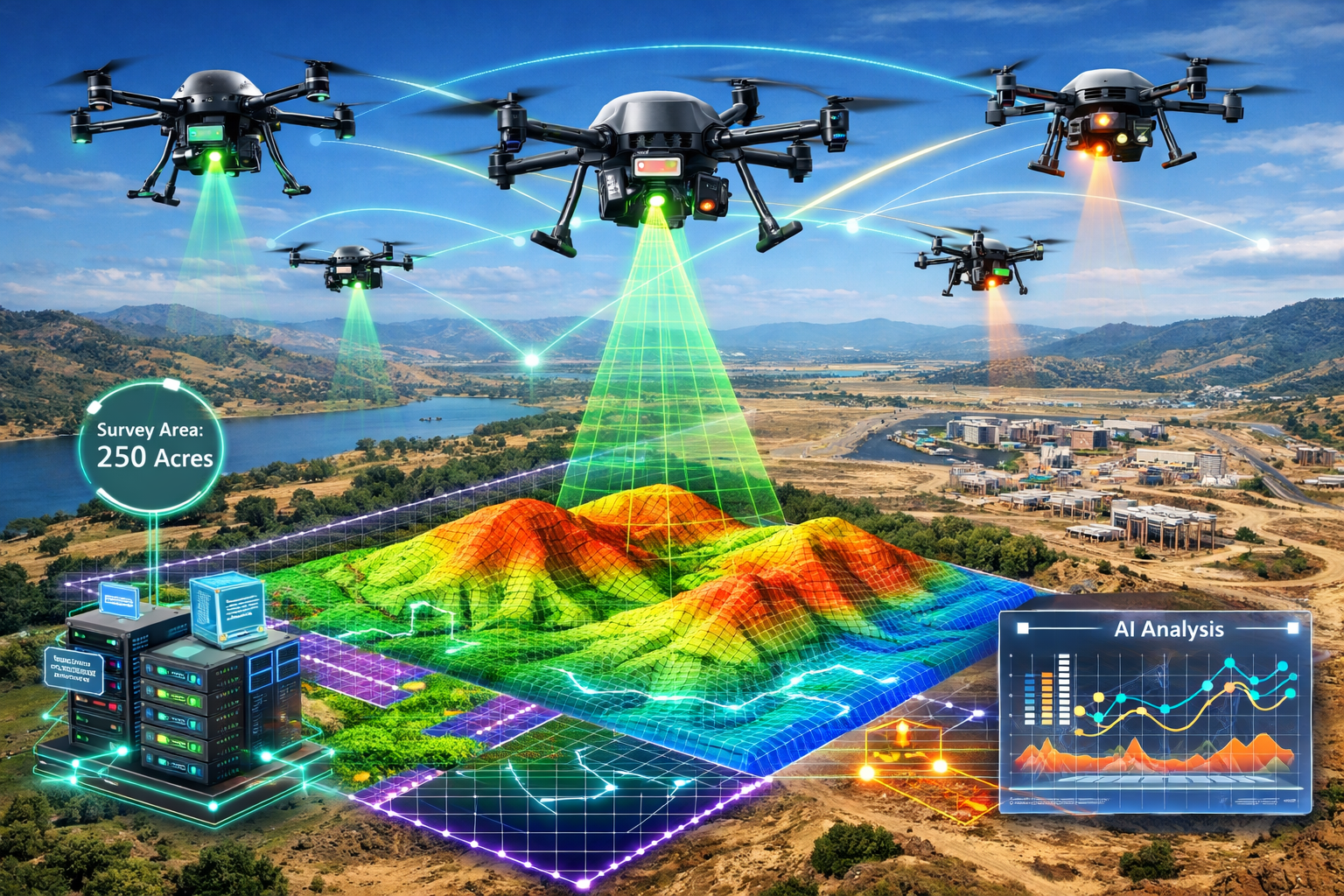 Detailed landscape format (1536x1024) image depicting autonomous drone swarm conducting coordinated land survey over large-scale property de