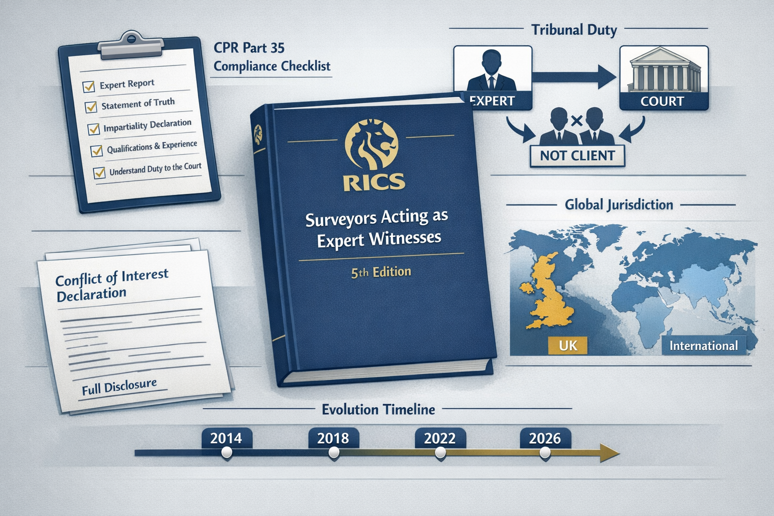 Landscape format (1536x1024) detailed illustration showing RICS professional standards documentation and expert witness framework. Central f