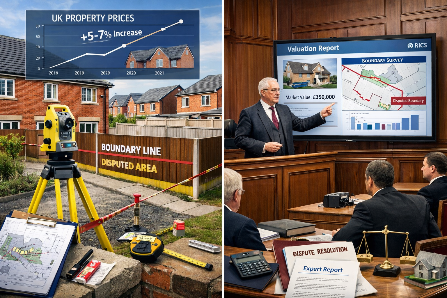 Landscape format (1536x1024) Northern England housing market visualization showing property dispute scenarios. Split-screen composition: lef