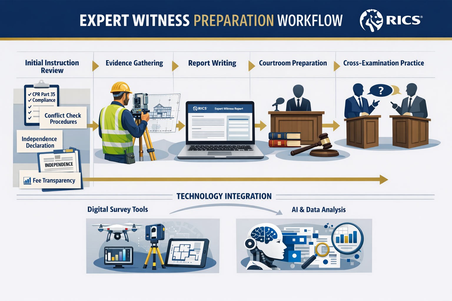 Landscape format (1536x1024) comprehensive expert witness preparation workflow diagram. Central pathway showing step-by-step process: initia