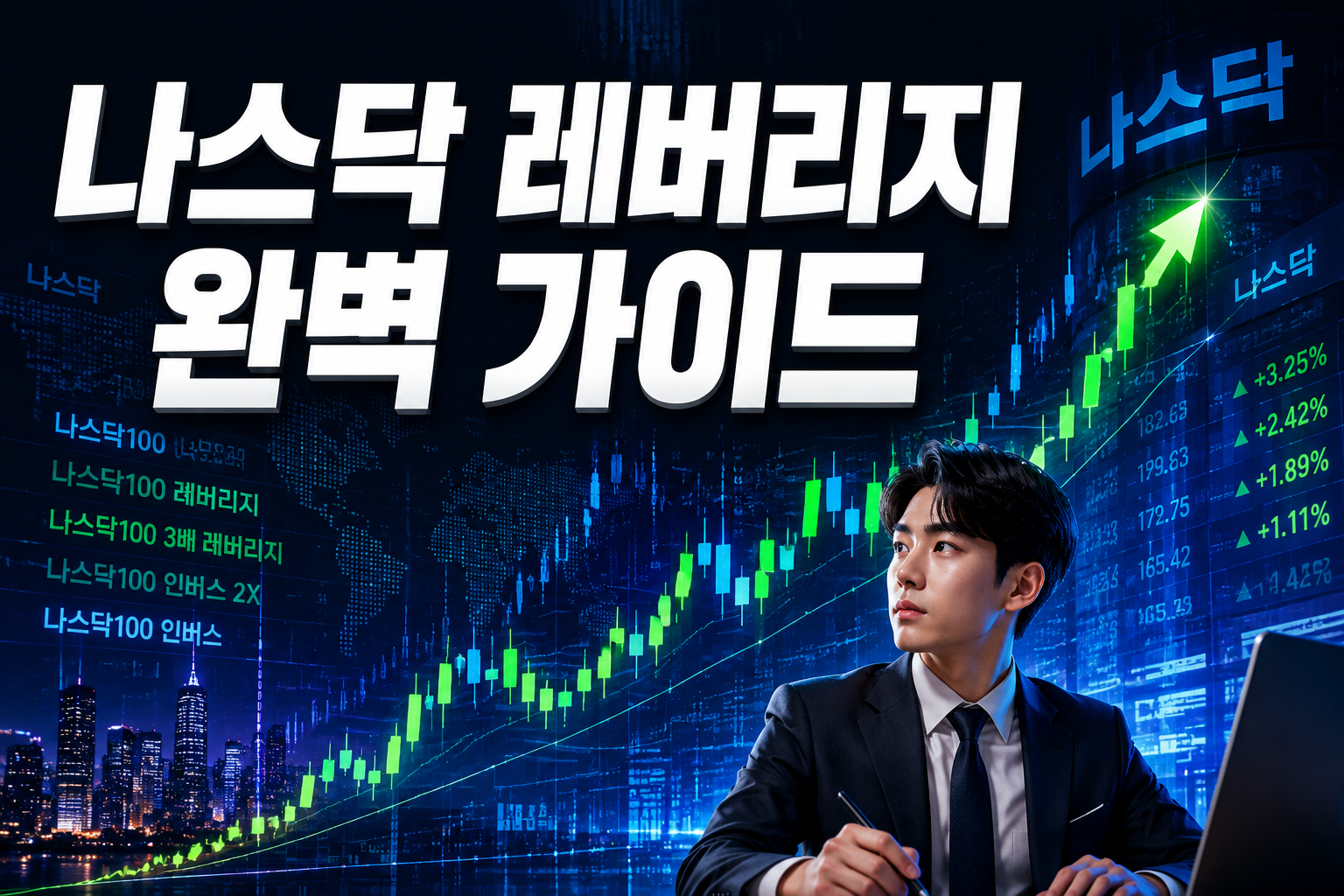 Professional () hero image featuring '나스닥 레버리지 완벽 가이드' in extra large white with deep effect, centered upper third.