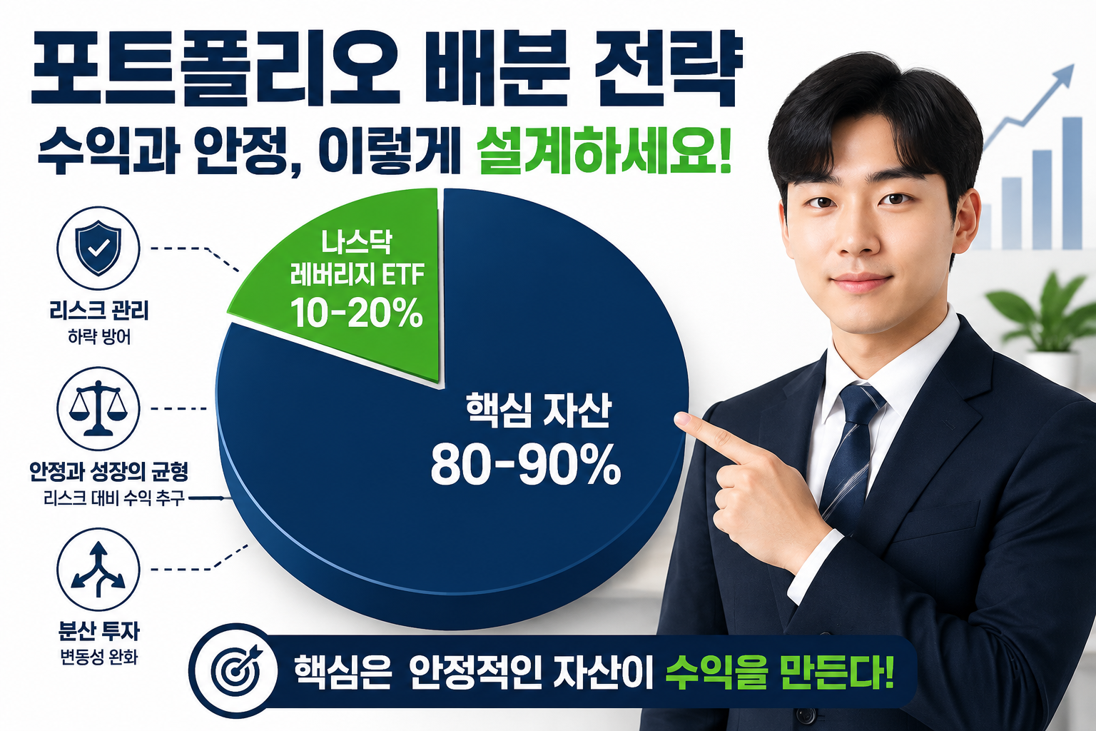 () showing a portfolio allocation pie chart with Korean labels: large segment '핵심 자산 80-90%' in navy blue, smaller segment