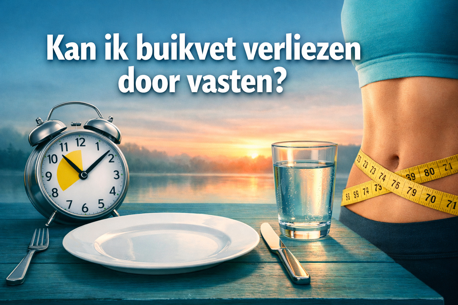 Professional landscape hero image (1536x1024) with bold text overlay 'Kan ik buikvet verliezen door vasten?' in extra large 72pt white sans-