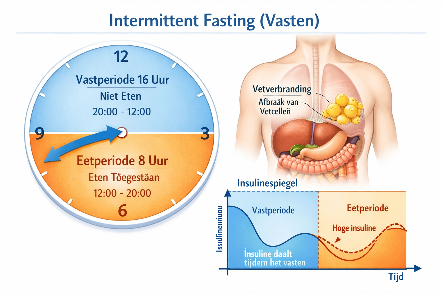 Detailed infographic illustration showing intermittent fasting clock diagram with 16-hour fasting window highlighted in soft blue and 8-hour