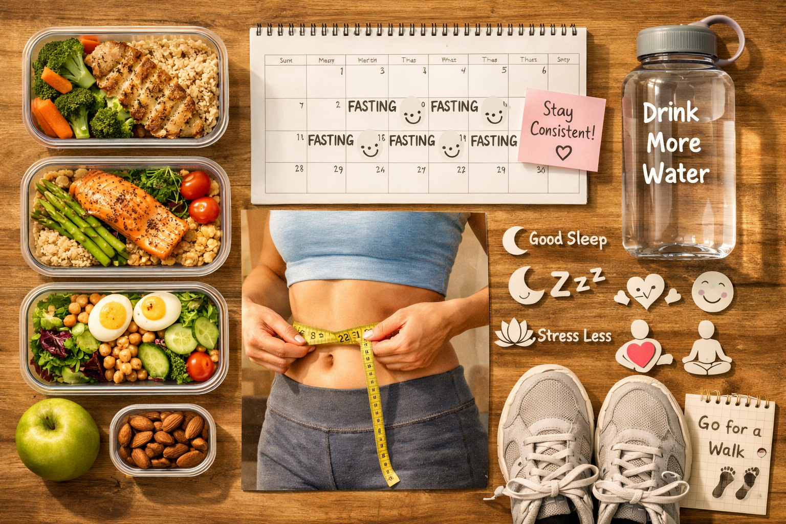 Realistic lifestyle composition showing healthy meal prep containers with balanced portions, person measuring waist with tape measure showin