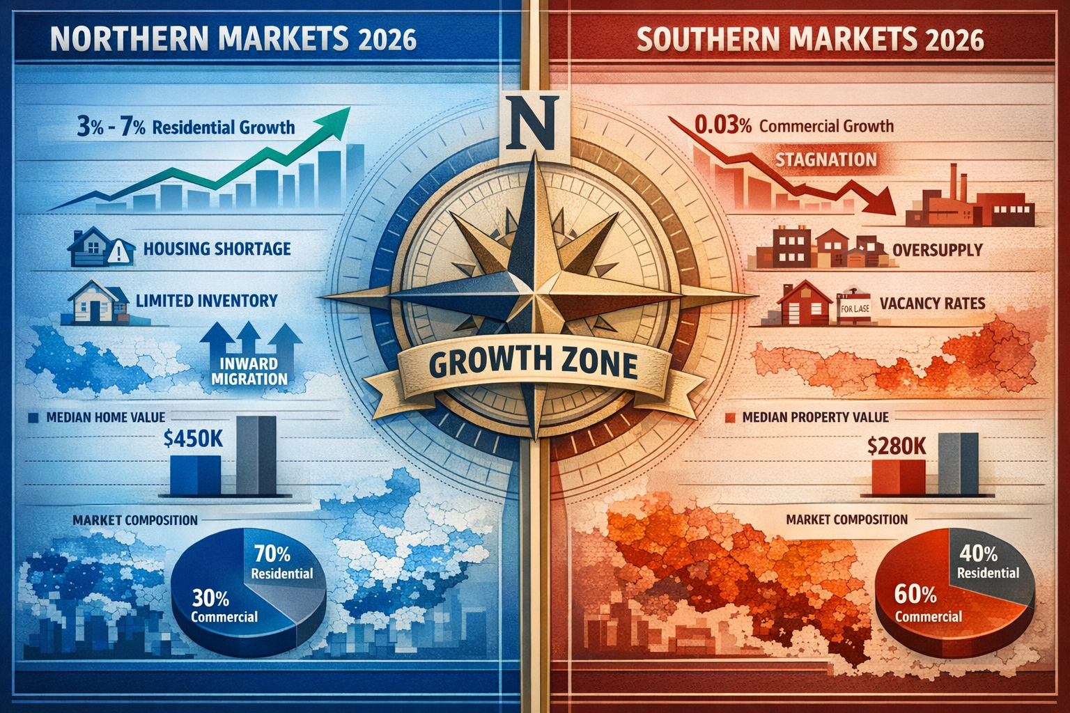 Landscape format (1536x1024) detailed infographic showing side-by-side comparison of northern versus southern market performance in 2026. Le