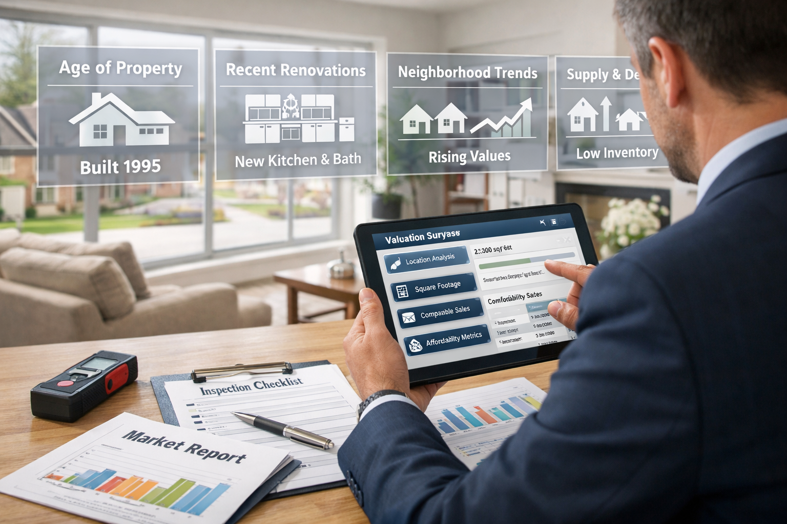 Landscape format (1536x1024) professional scene showing chartered surveyor conducting property valuation in modern northern region home. Sur