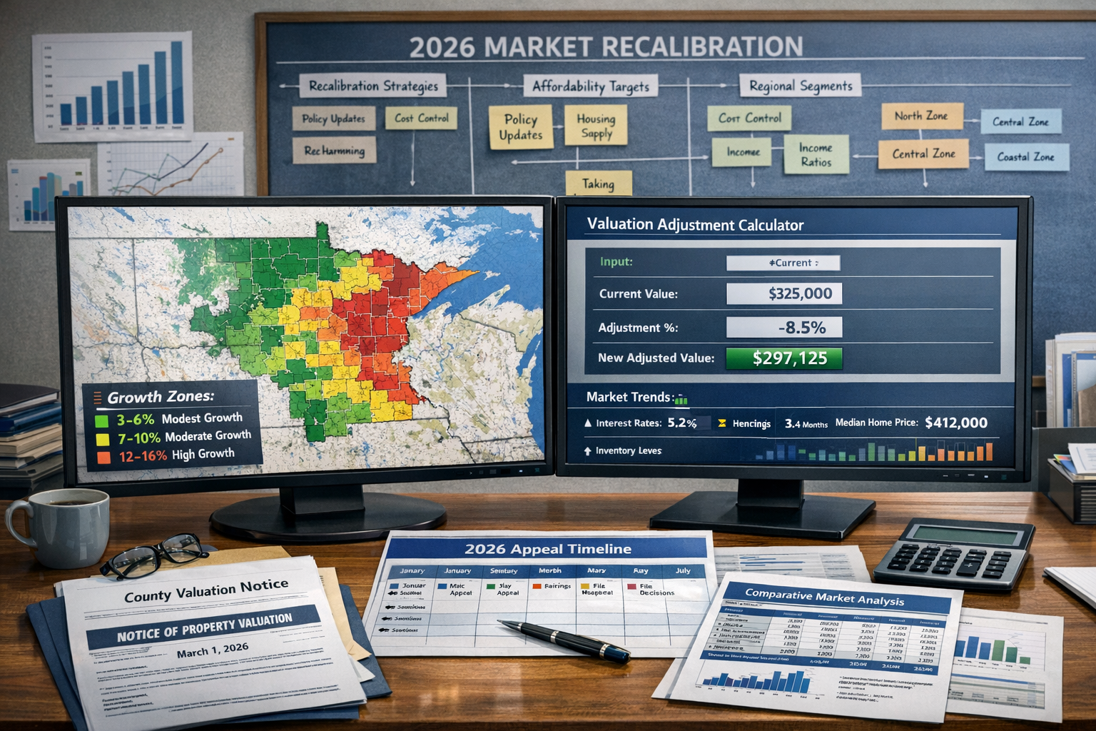 Landscape format (1536x1024) strategic planning visualization showing surveyor's desk workspace with multiple data sources for 2026 market r
