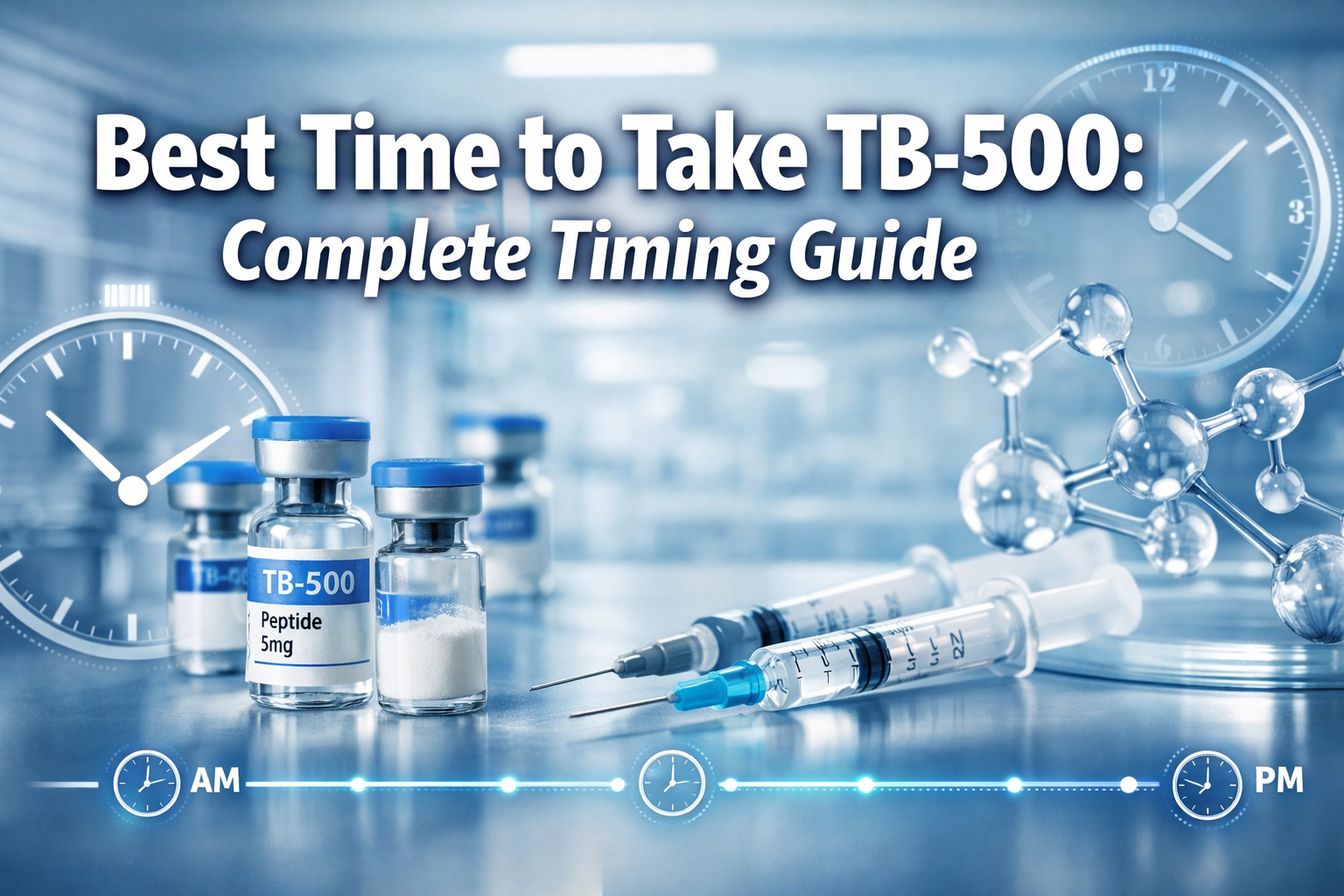 Professional landscape format (1536x1024) hero image featuring bold text overlay 'Best Time to Take TB-500: Complete Timing Guide' in extra 
