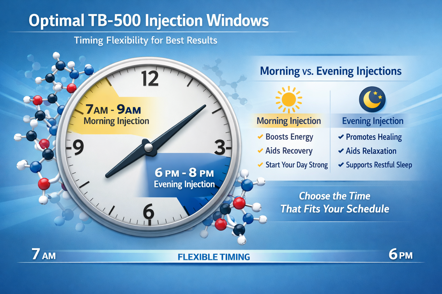 Landscape format (1536x1024) infographic showing daily timeline with optimal TB-500 injection windows, featuring clock face with highlighted