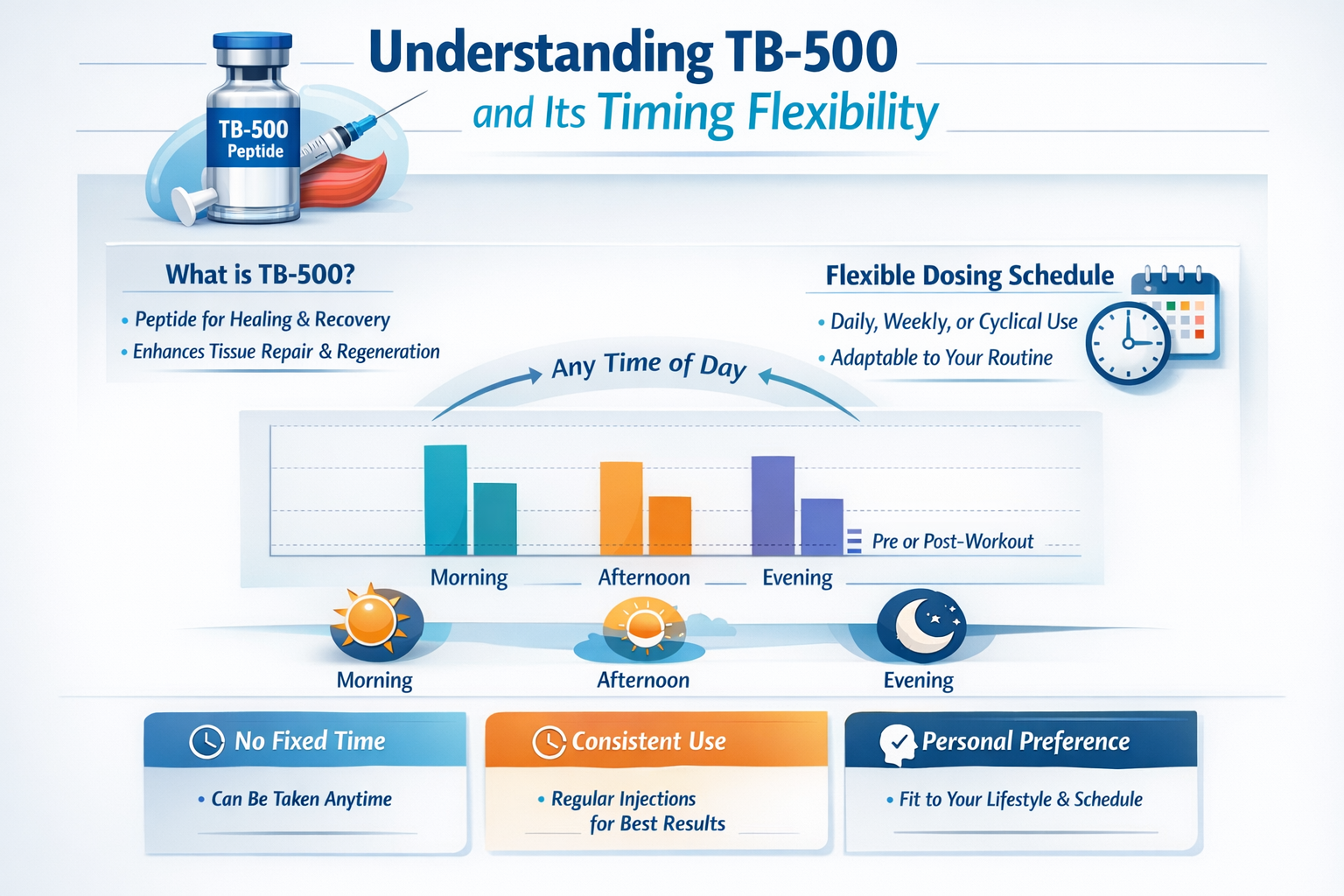 Professional infographic for article "Best Time to Take TB-500: Your Complete Timing Guide for Optimal Results", section: "Understanding TB-