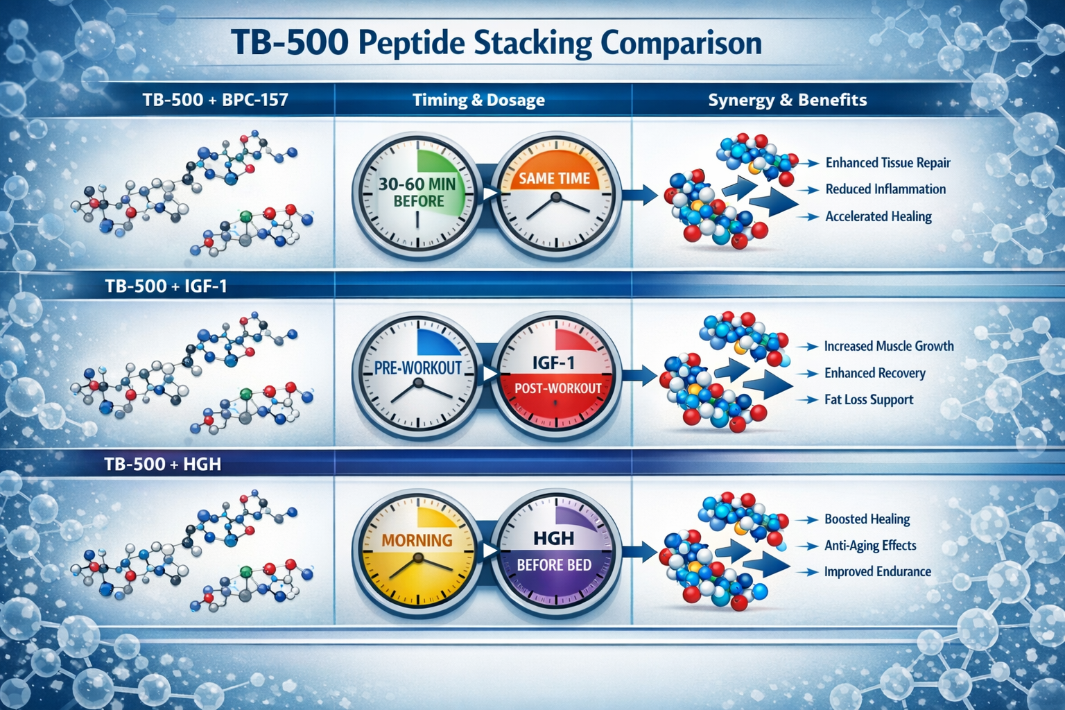 Detailed landscape format (1536x1024) comparison chart showing TB-500 stacking with other peptides like BPC-157, timing coordination graphic