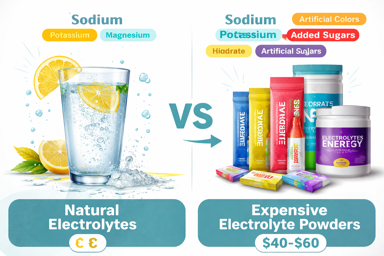 Detailed () editorial image showing a split-screen comparison: left side features a sleek glass of water with lemon wedge