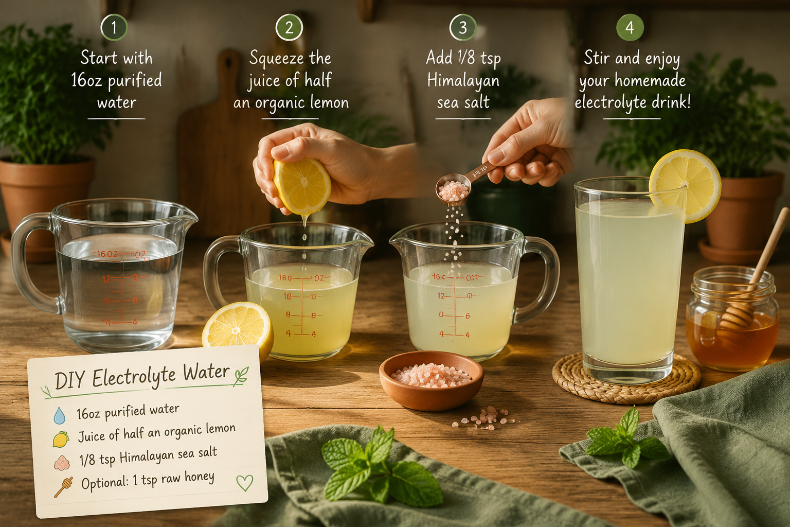 Detailed () step-by-step recipe visual showing a wooden kitchen counter with four sequential stages of making DIY