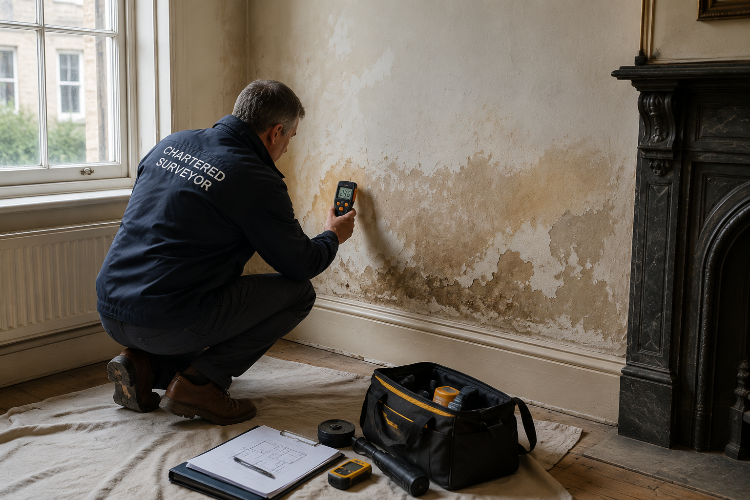 Wide-angle interior shot of a chartered surveyor crouching to inspect a damp-stained ground-floor wall in a period property,
